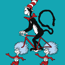 Cat in the hat riding bike with Thing 1 and Thing 2 wheels, 5x7 print