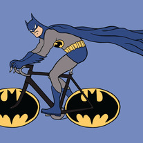 Batman on a bike with Batman logo wheels, 5x7 print