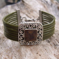 Green Leather Silver Cuff Bracelet