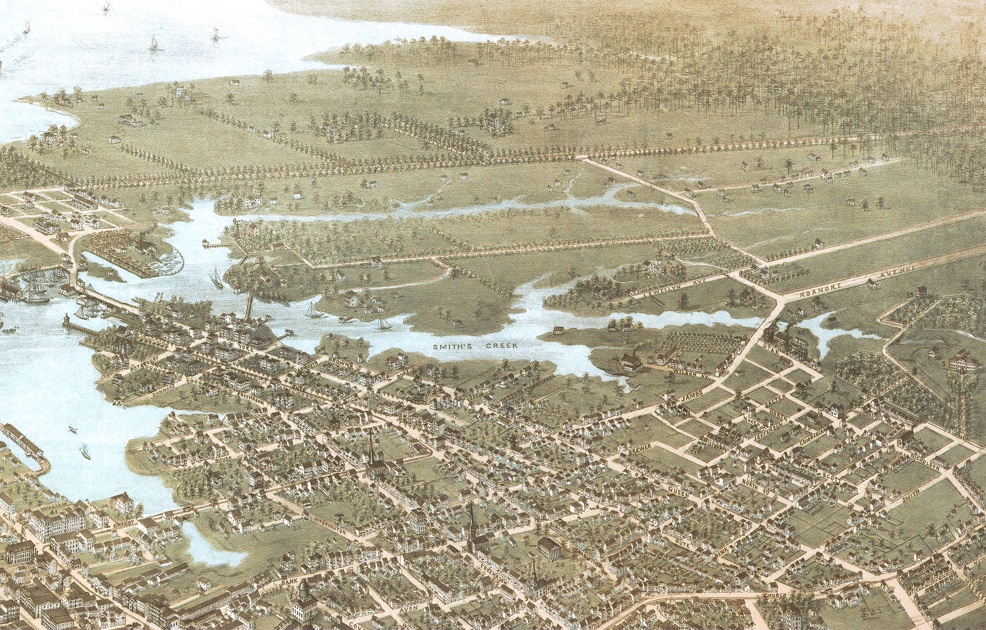 Norfolk and Portsmouth, Virginia in 1873 Bird's Eye View Map, Aerial