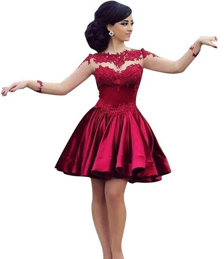 Burgundy Short Prom Dress Ball Gown High Neckline With Long Sleeves