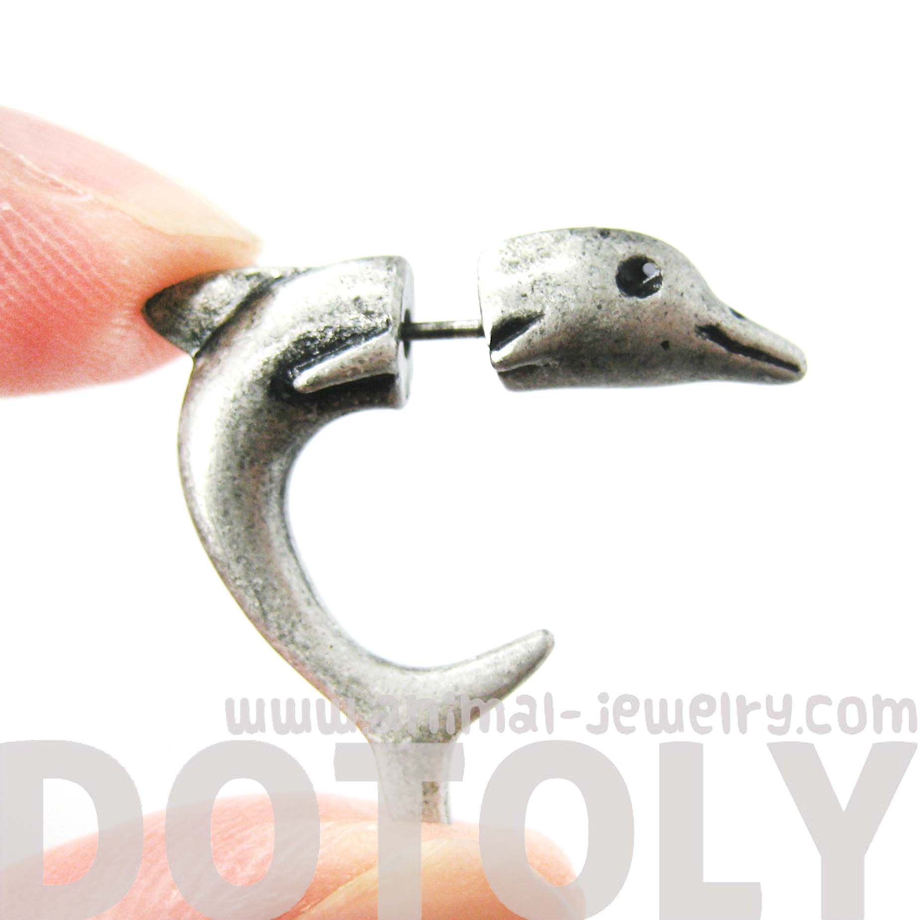 Fake Gauge Earrings Dolphin Animal Stud Earrings in Silver · DOTOLY
