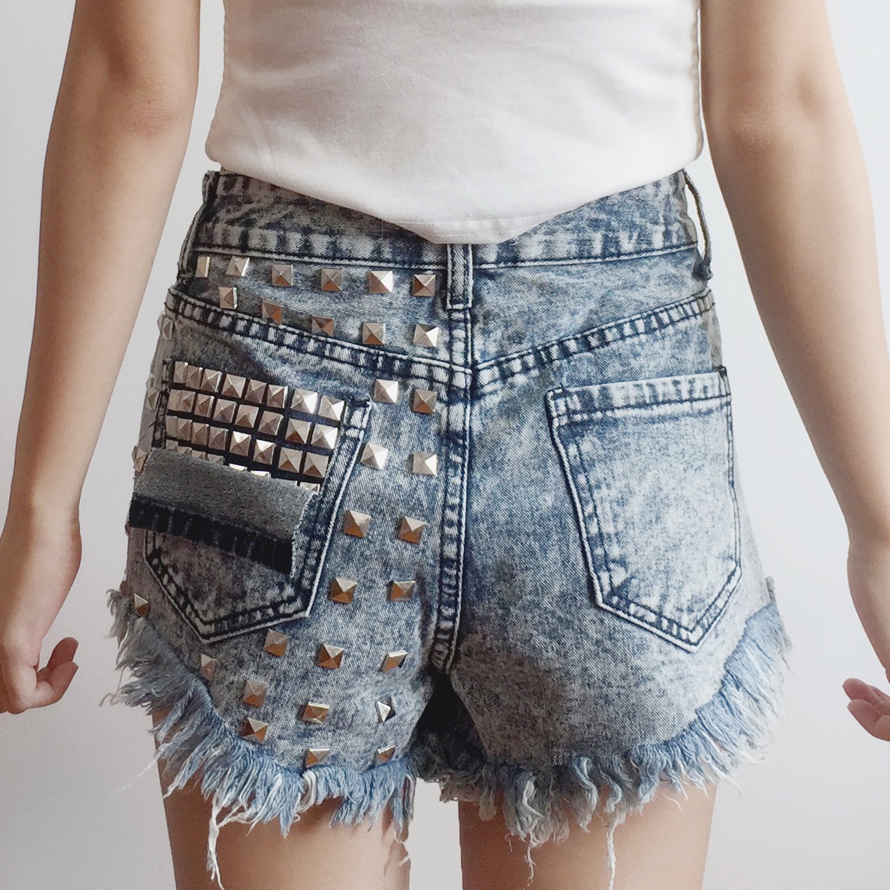 Studded Frayed Denim High Waist Shorts (Acid Wash) · Megoosta Fashion