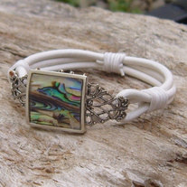 White Leather Bracelet with Silver Filigree and Abalone