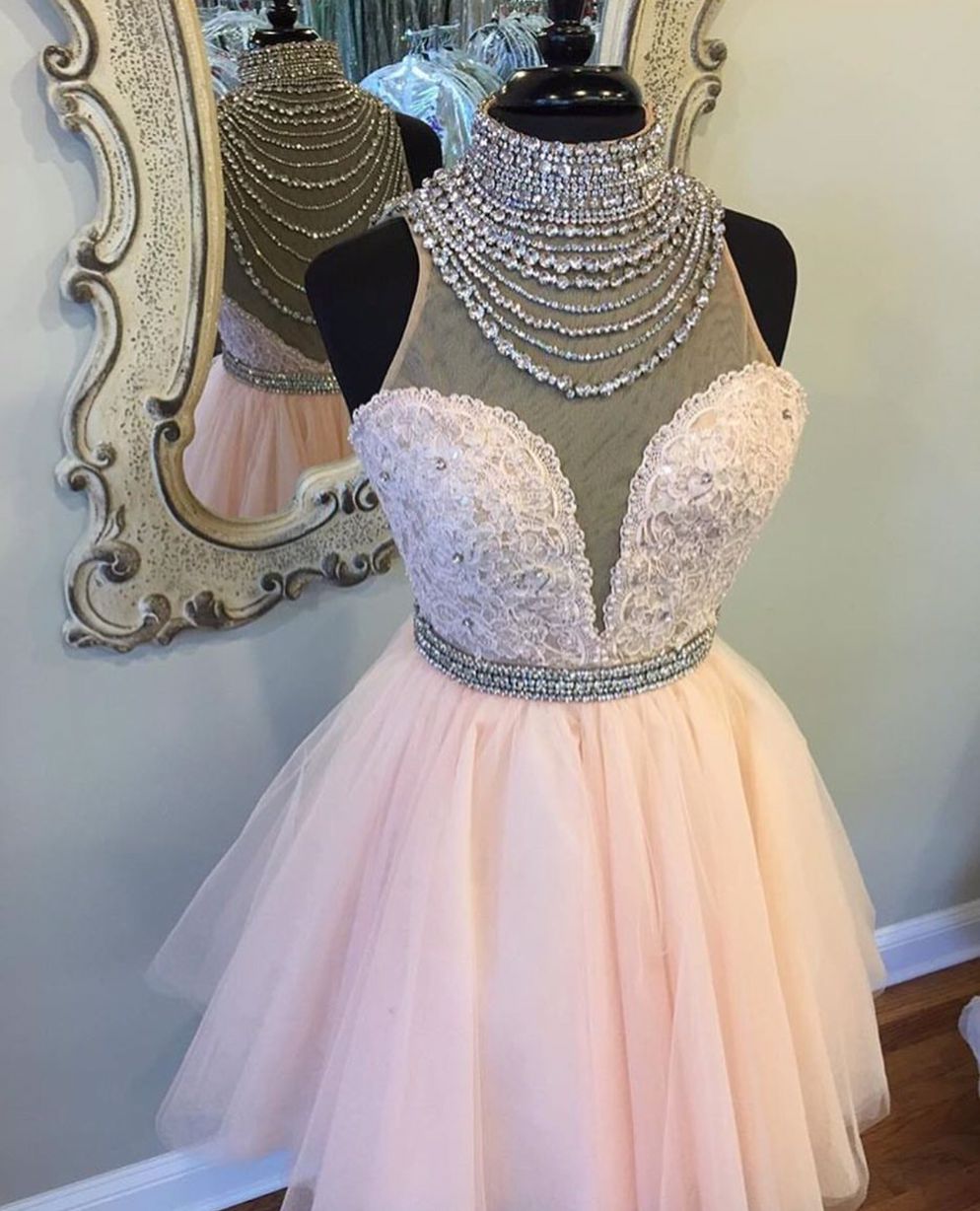 Pink high neck sequin tulle short prom dress, pink dress on