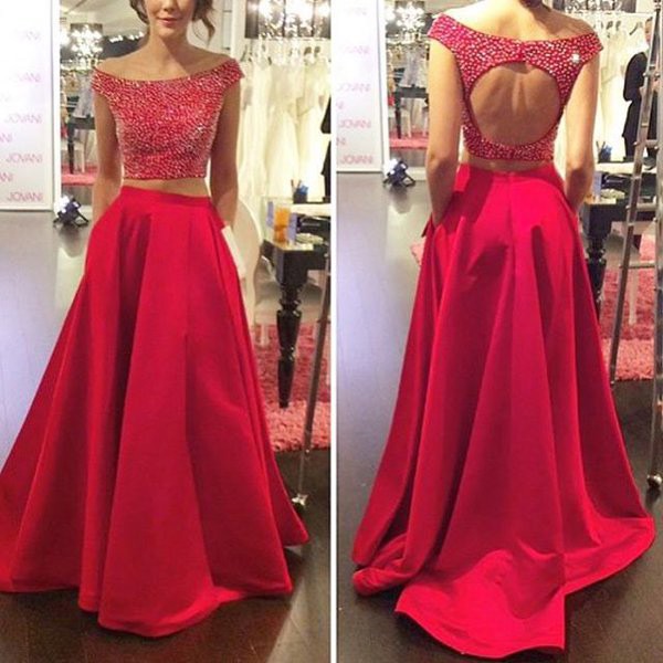 Red two piece prom dress long Red two piece prom dress long
