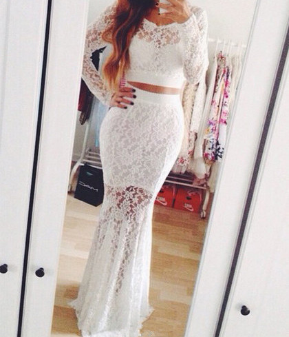 lace sleeve prom dress scoop gowns mermaid evening pieces dresscomeon