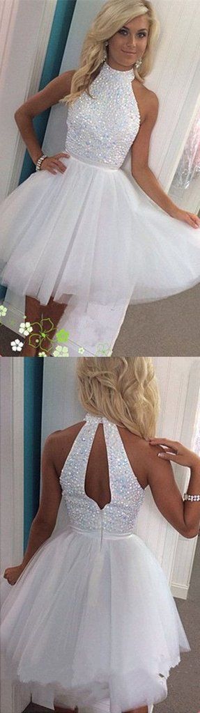 Open back Halter homecoming dress,White homecoming dress, Mini Prom dress,Sexy prom dress 