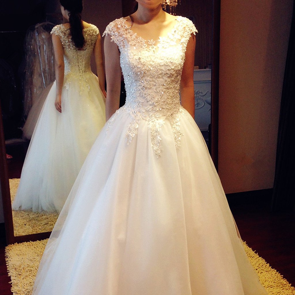 Gorgeous Long A-line Scoop Neck Lace Beaded Lace Up Wedding Dress,JD 8