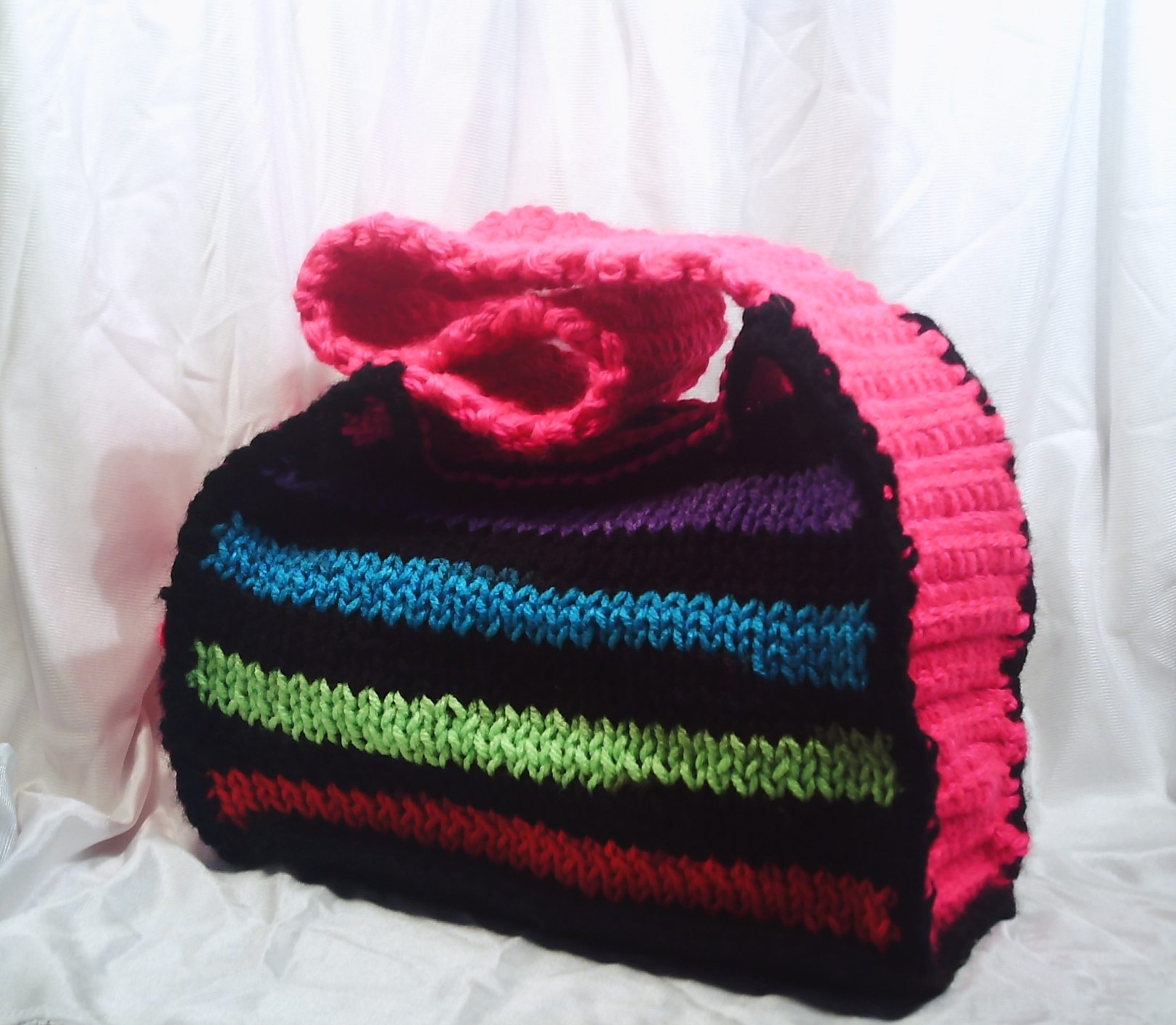 Knitted Neon striped tote bag with a pink strap. on Storenvy