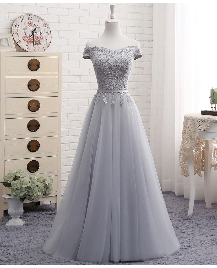 Cute A line gray lace off shoulder prom dress, cheap evening dresses