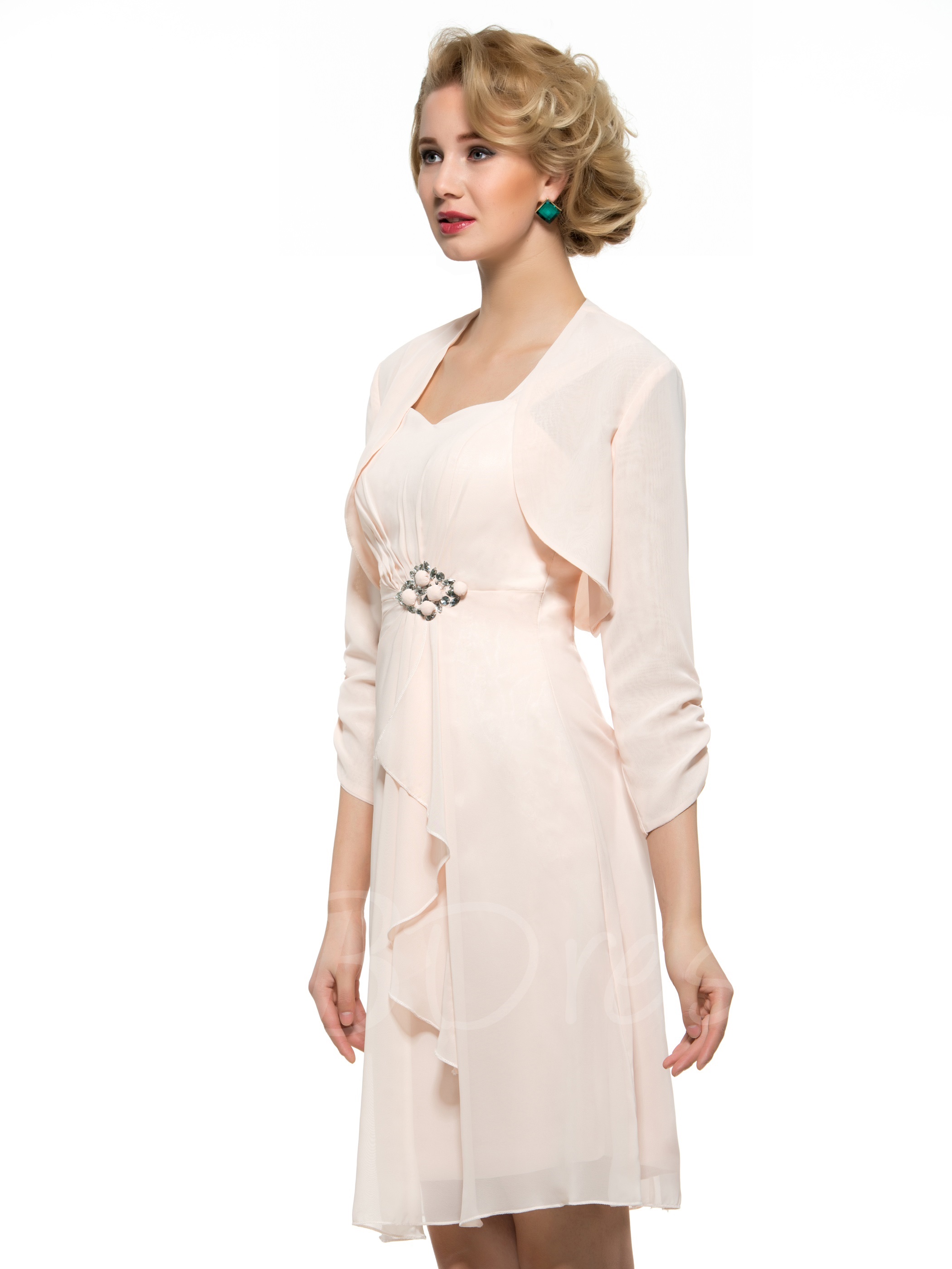 W324 Chiffon KneeLength Plus Size Mother of Bride Dress with Three