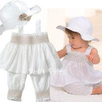  Spunky Kids Brand 3 Piece Summer White Set Swing top bubble pants and hat to match 