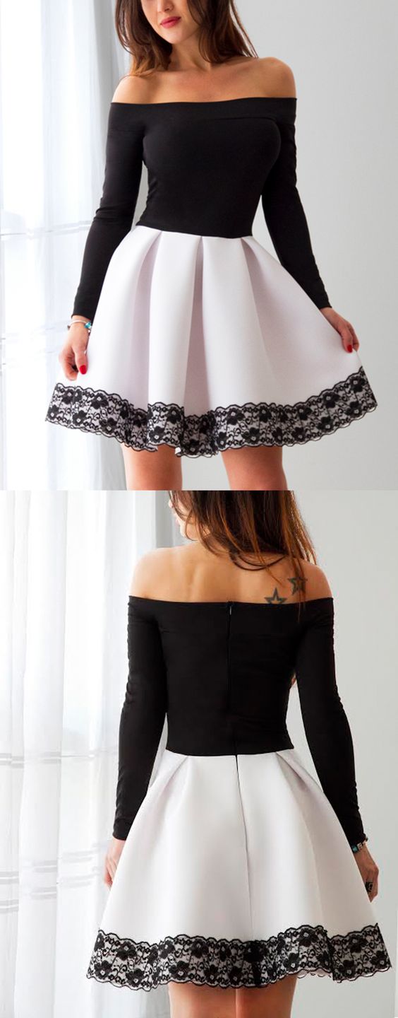 A-Line Off-the-Shoulder Long Sleeves Satin Homecoming Dress with Lace on Storenvy