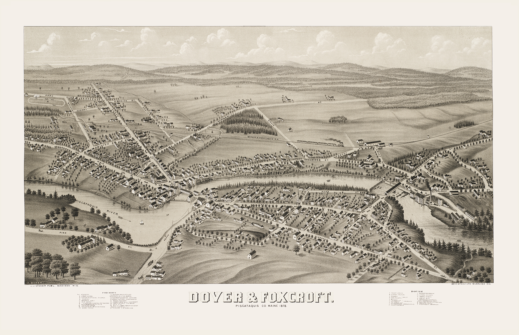 Dover & Foxcroft, Maine in 1878 Bird's Eye View Map, Aerial, Panorama
