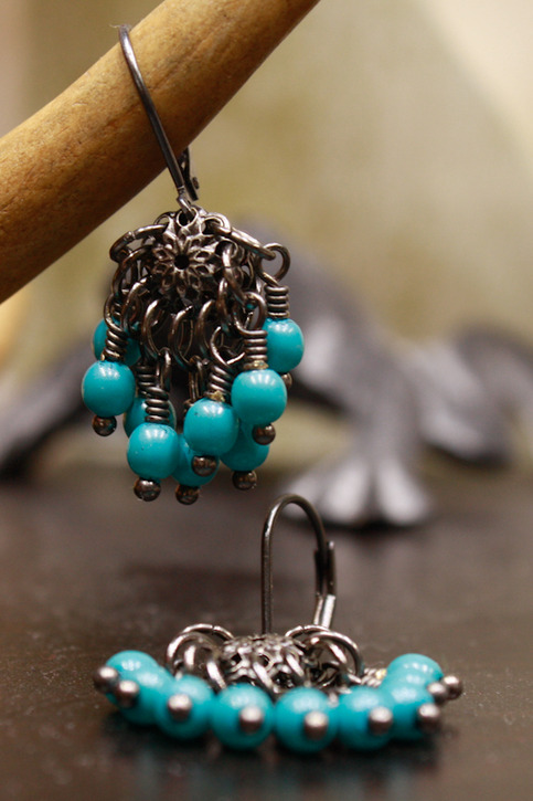 Aqua Turq Gunmetal Filigree and Turquoise Earrings