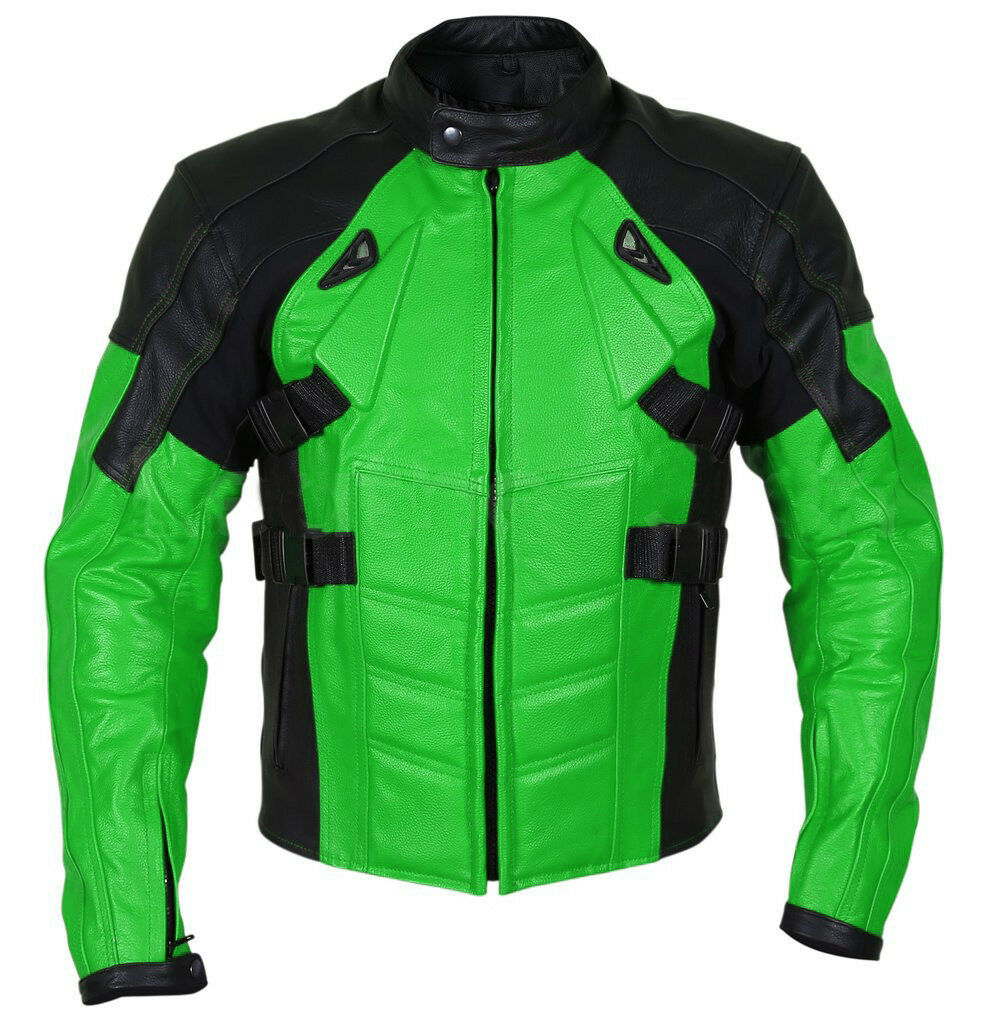 Men Two Tone Green Black Motorcycle Custom Genuine Leather Safety Pads