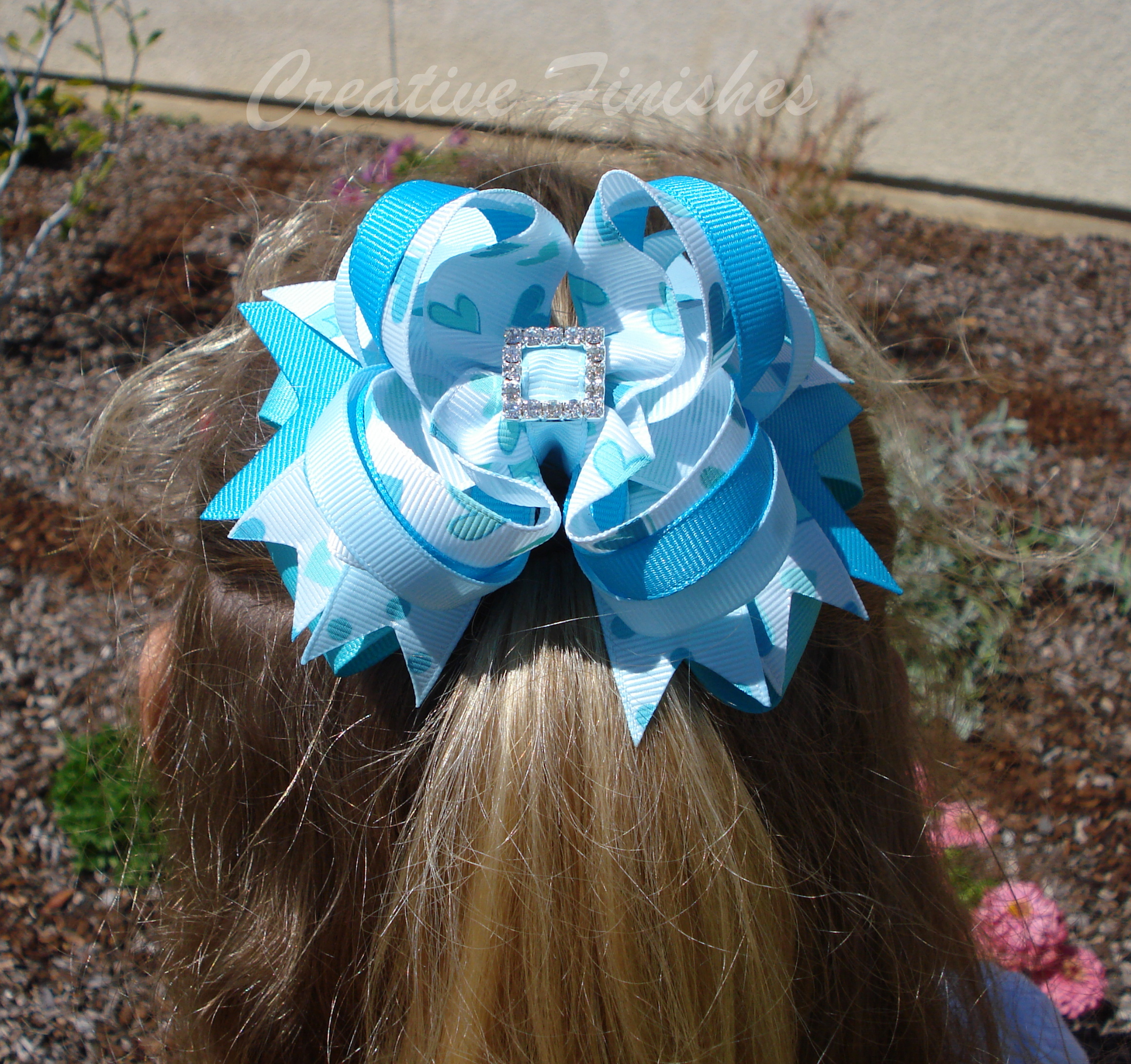 Cinderella Hair Bow Tiara Rhinestone Center White and Blue Princess Bow