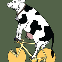 Cow riding bike with cheese wheels, 5x7 print