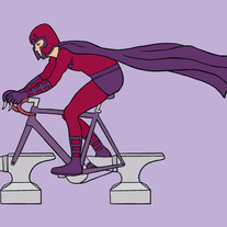 Magneto on a bike with anvil wheels, 5x7 print
