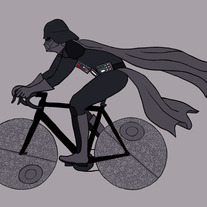 Darth Vader riding bike with death star wheels. 5x7 print