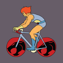 Lion O on bike with thundercat symbol wheels, 5x5 print