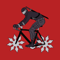 Snake Eyes on bike with throwing star wheels 