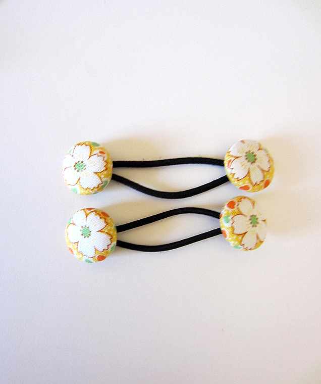 Pretty In Yellow And Polka Dots Fabric Covered Button Hair Ties
