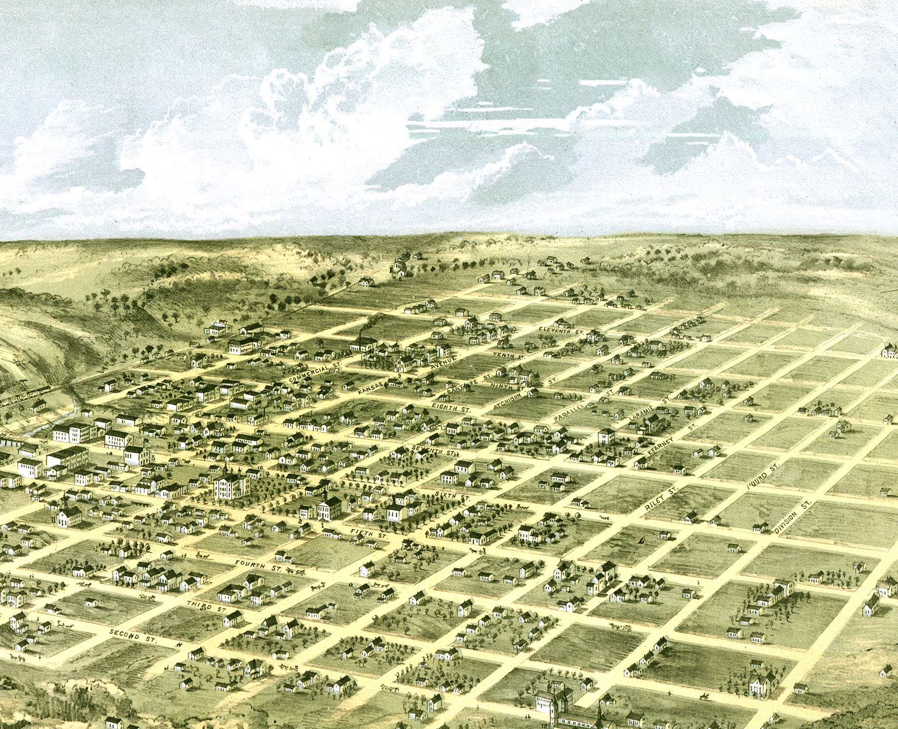 Atchison, Kansas in 1869 Bird's Eye View Map, Aerial, Panorama