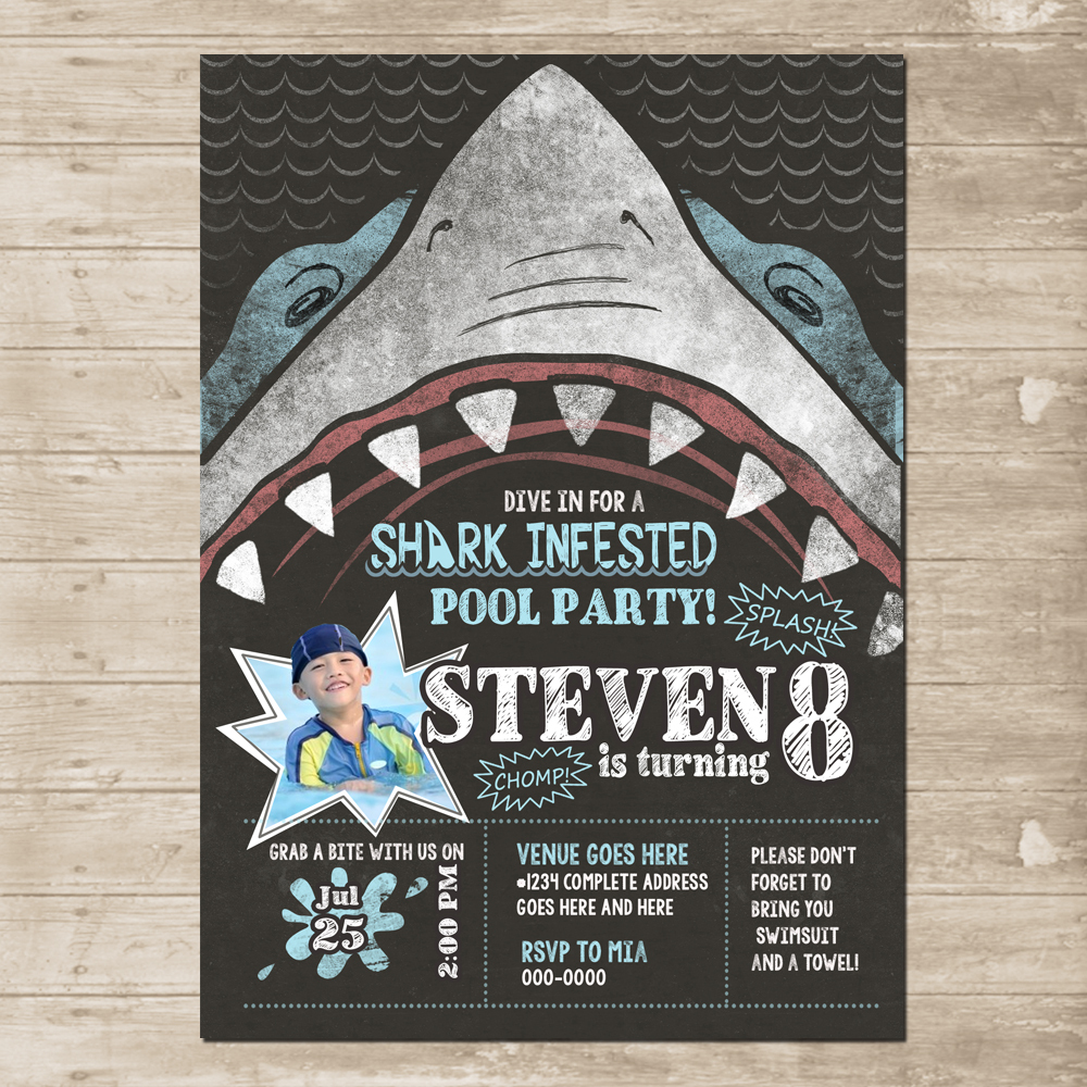 shark party invitation chomp skark attack birthday card invite pool
