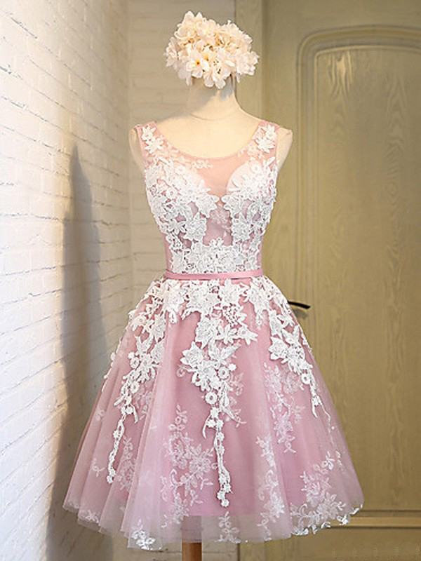 Pink Lace Round Neck Homecoming Dresses, Tulle Lace UP Homecoming