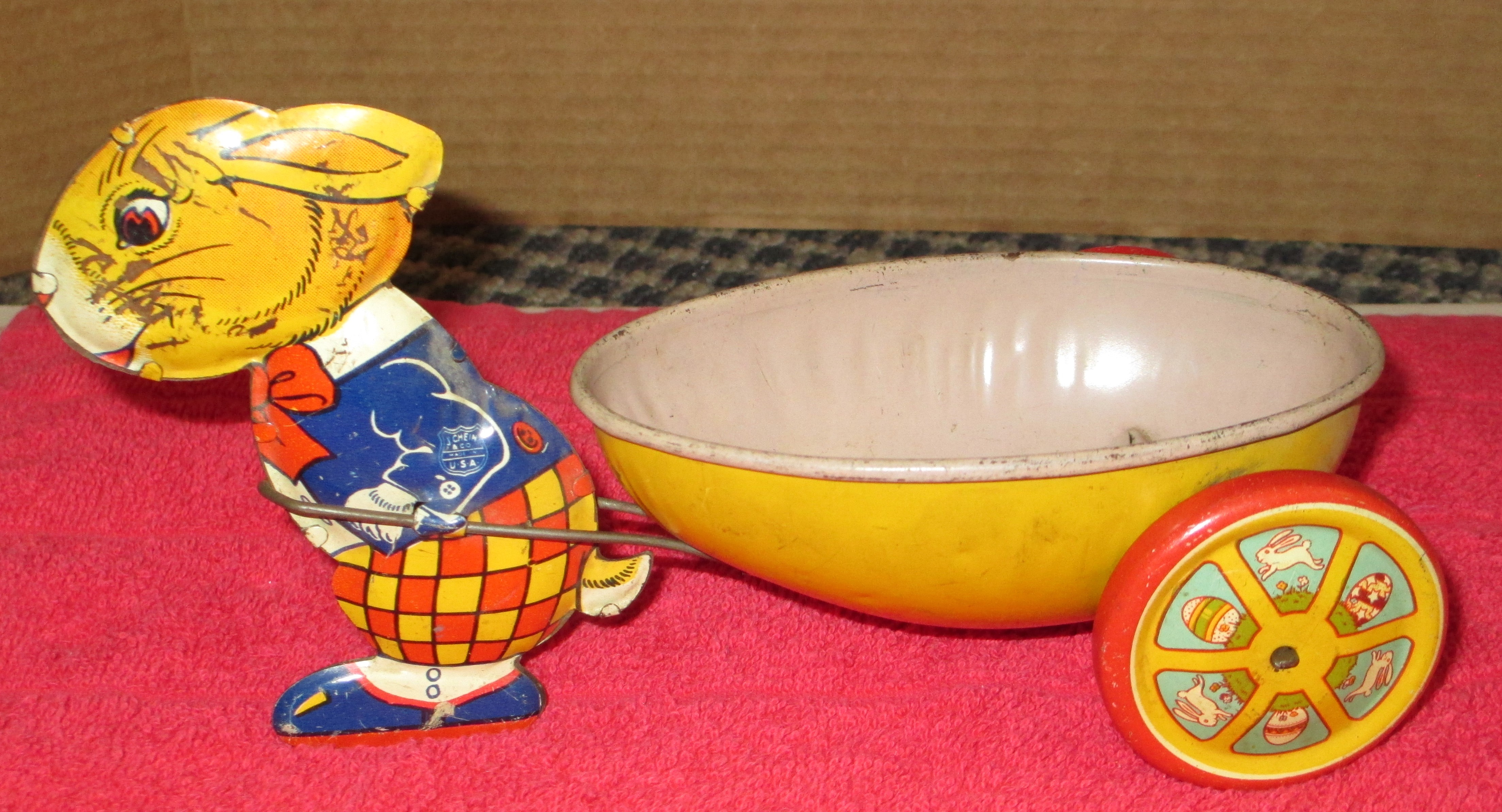 Rare Vintage J Chein Co Easter Bunny Rabbit Tin Pulling Egg Cart Made In Usa Sold By The Belin S Store On Storenvy