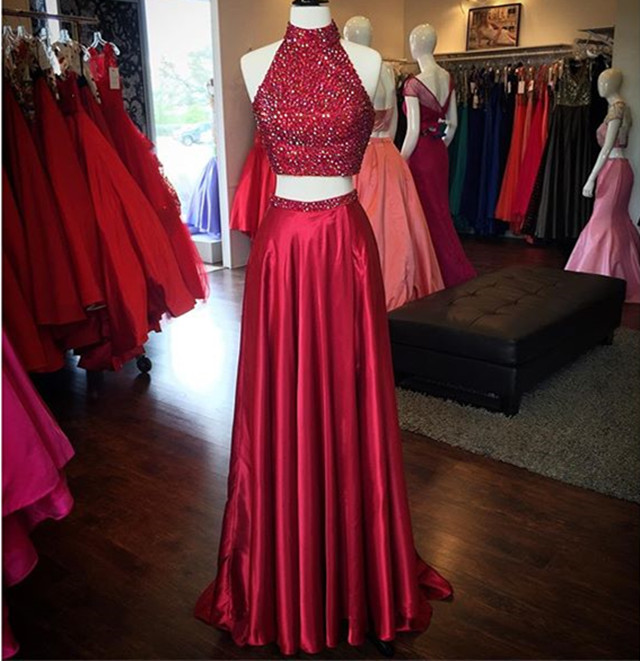 Wine Red Halter Backless Prom Dress