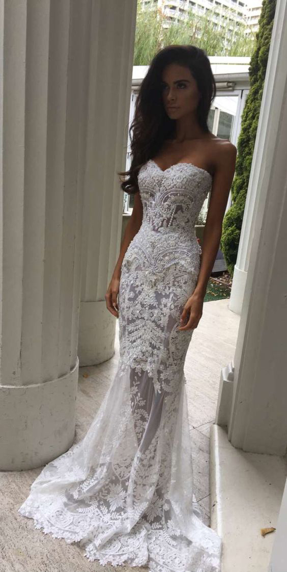 Charming White Lace Wedding Dress Mermaid Sexy Sweetheart Bridal