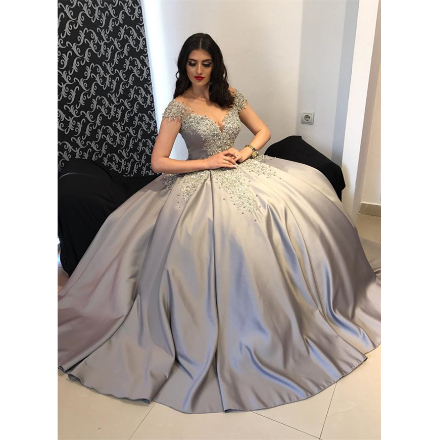 silver off shoulder gown