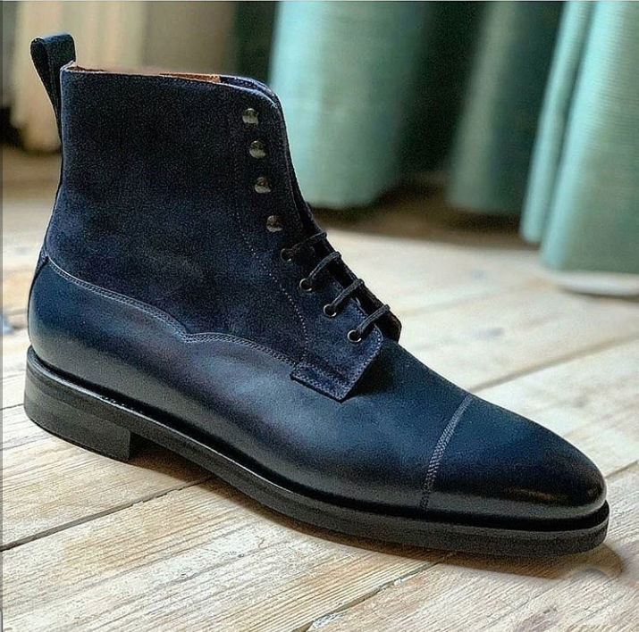 Handmade Navy Blue Leather Suede Lace Up Boot, Men's Ankle High Cap Toe