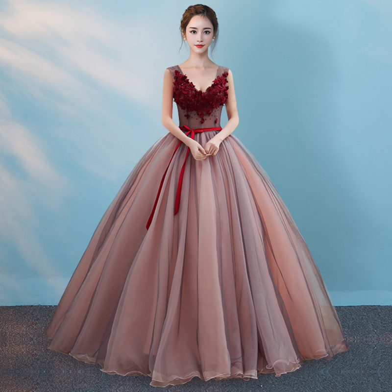 Long Tulle Prom Dress with Low V-Neck - PromGirl
