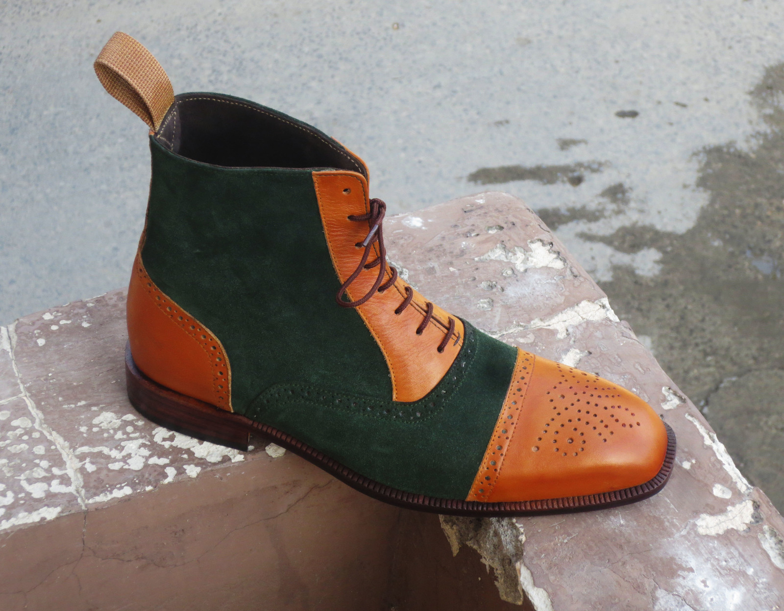 Handmade Men's leather Suede Boot, Mens Green Tan Cap Toe Brogue Ankle
