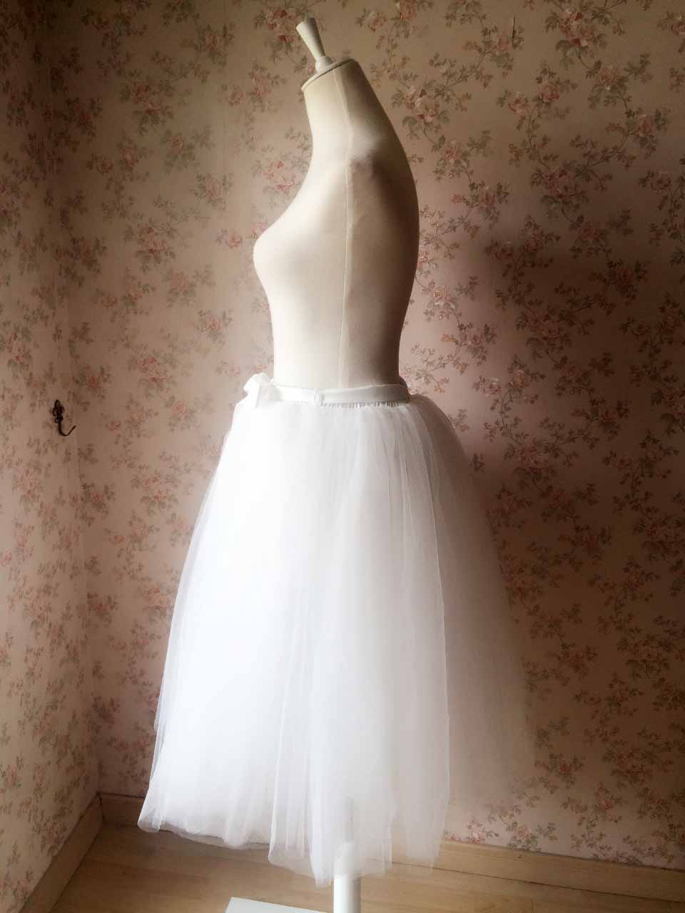 Women White Midi Tulle Skirt Ruffle Tulle Tutu Skirts White Wedding