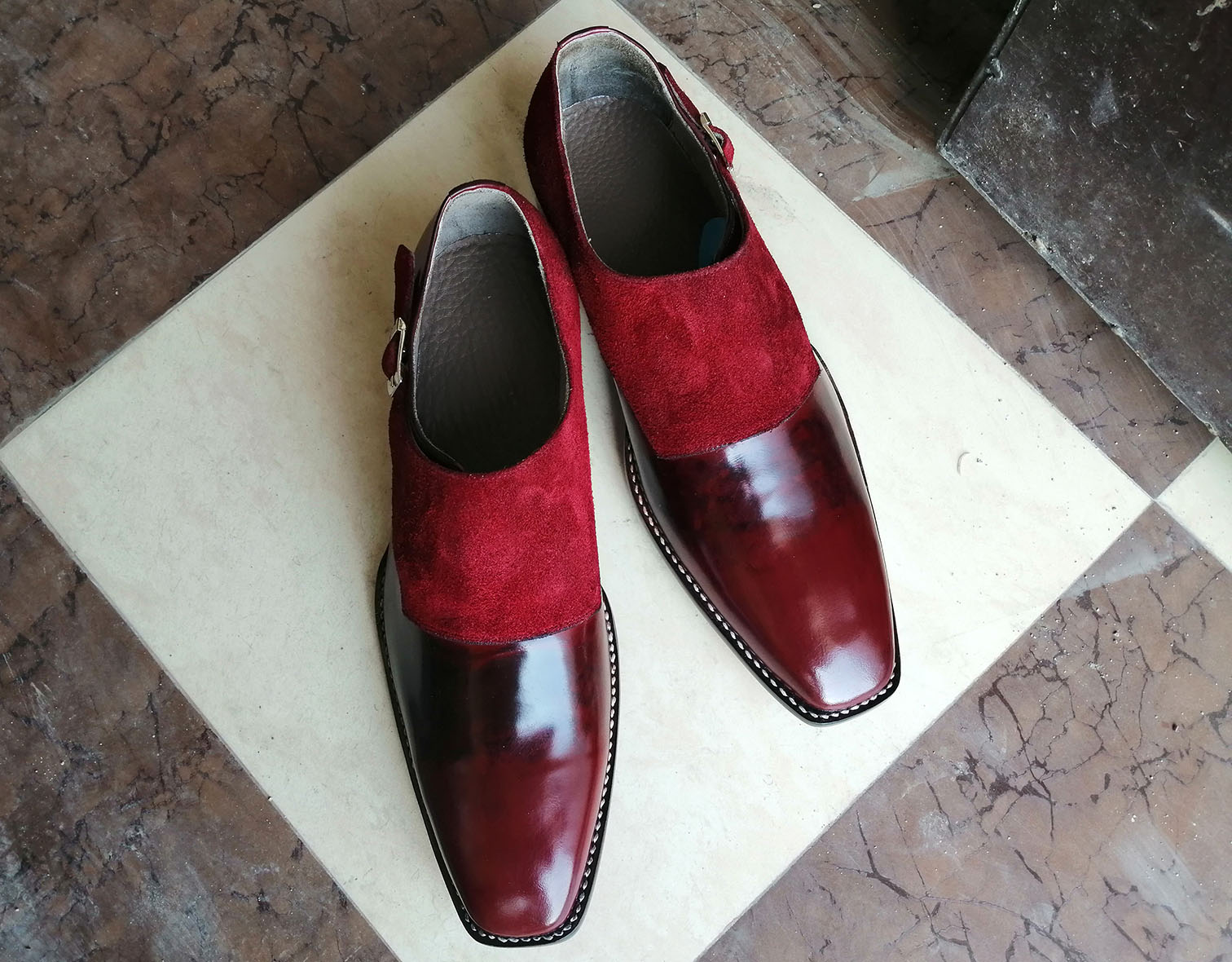 Handmade Men’s Burgundy Color Leather &amp; Suede Shoes