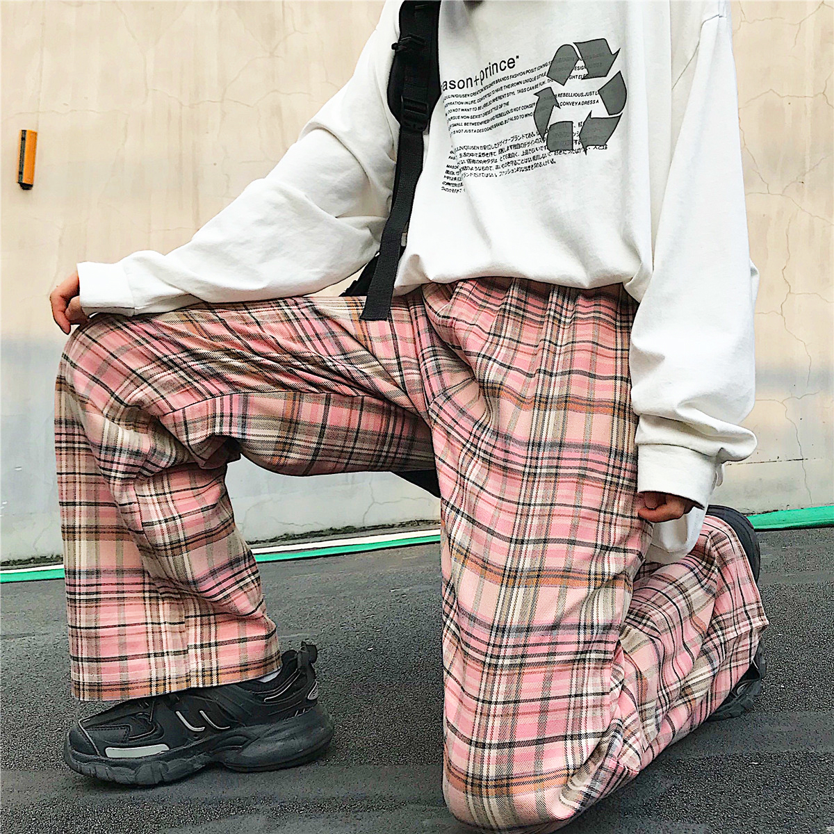 pink plaid trousers