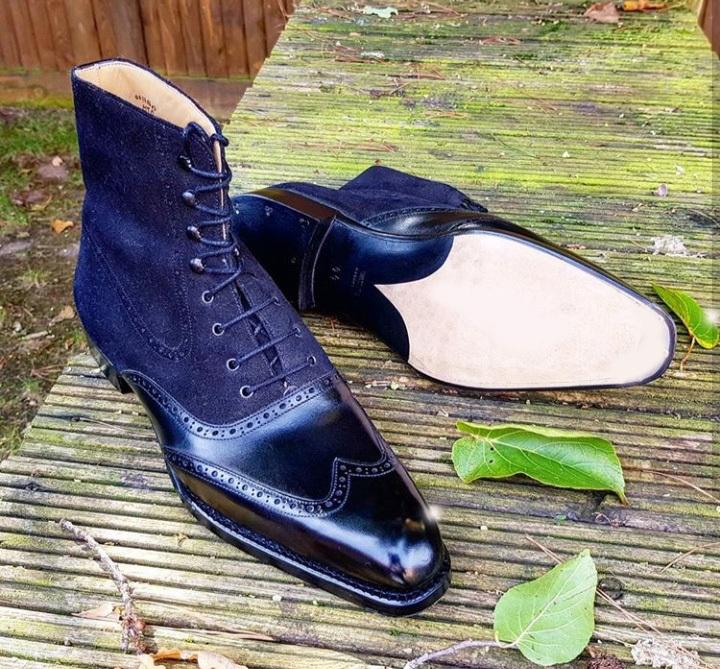 Stylish Navy Blue Leather Ankle High Lace Up Wing Tip Oxford Boots For
