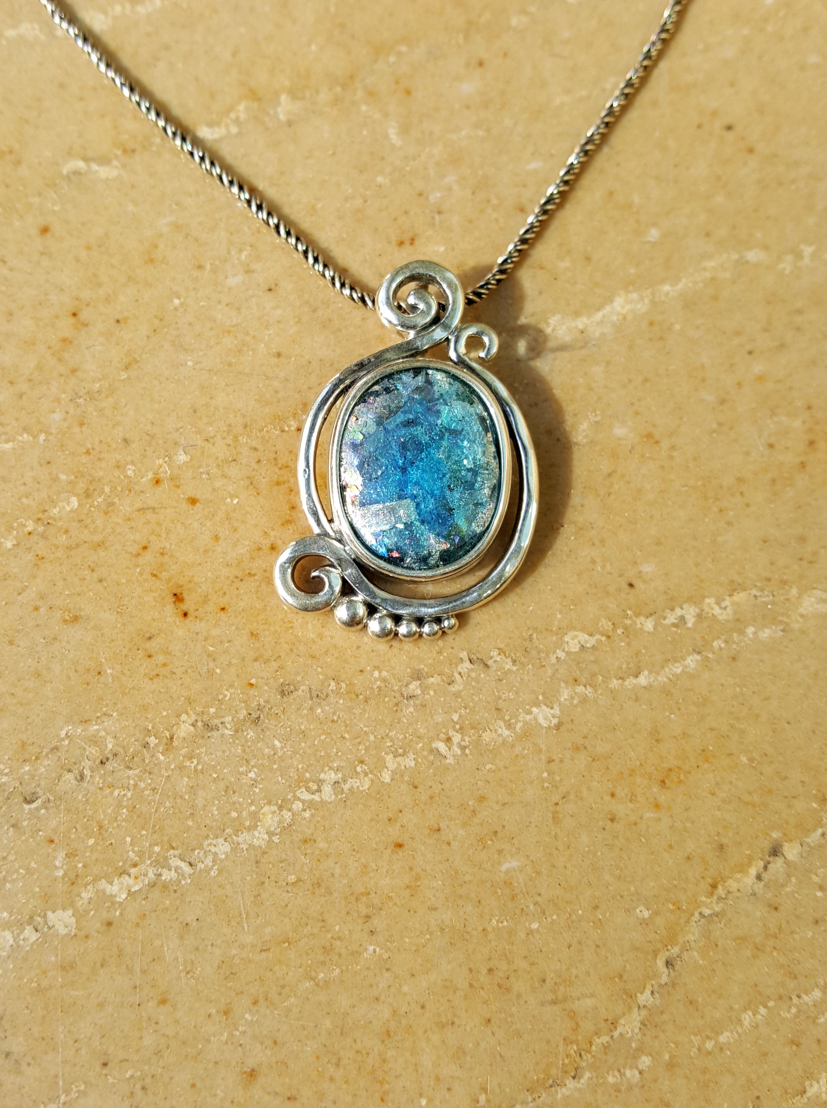Roman glass, set in Boho style Sterling silver pendant