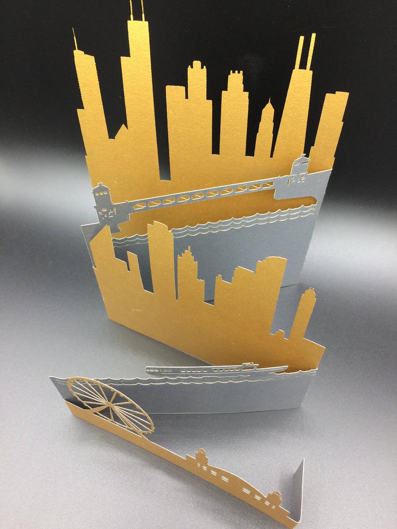 Chicago Skyline Pop Up Greeting Card, Handmade Silhouette Popup Welcome