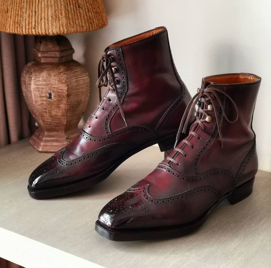 Handmade Burgundy Wing Tip Ankle Lace Up Boot Leather