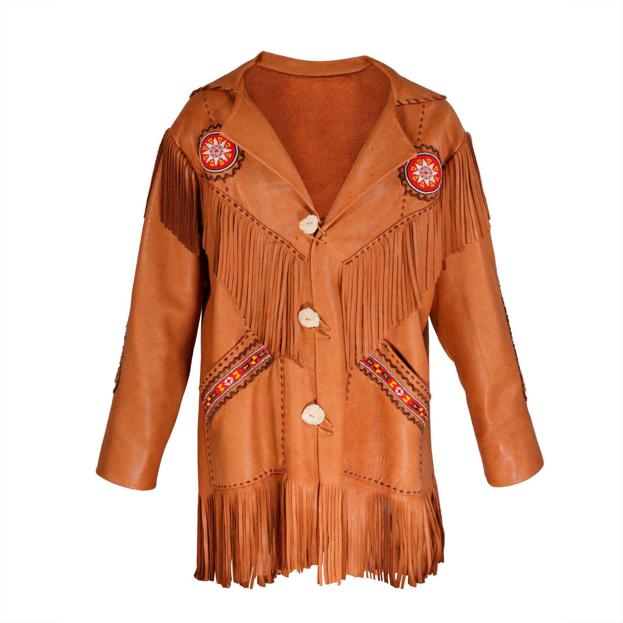 Mens Western Style Cowboy Brown Leather Fringe Beaded Jacket WJ162 on