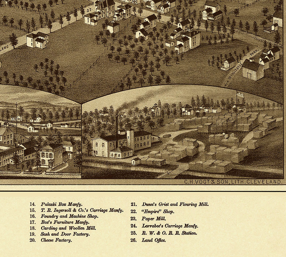 Pulaski, NY in 1885 Bird's Eye View Map, Aerial, Panorama, Vintage